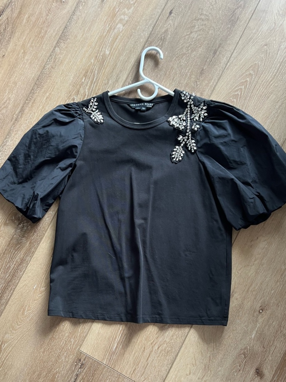 Veronica Beard Black Embellished Puff-Sleeve Tee Size Medium New W/O Tag